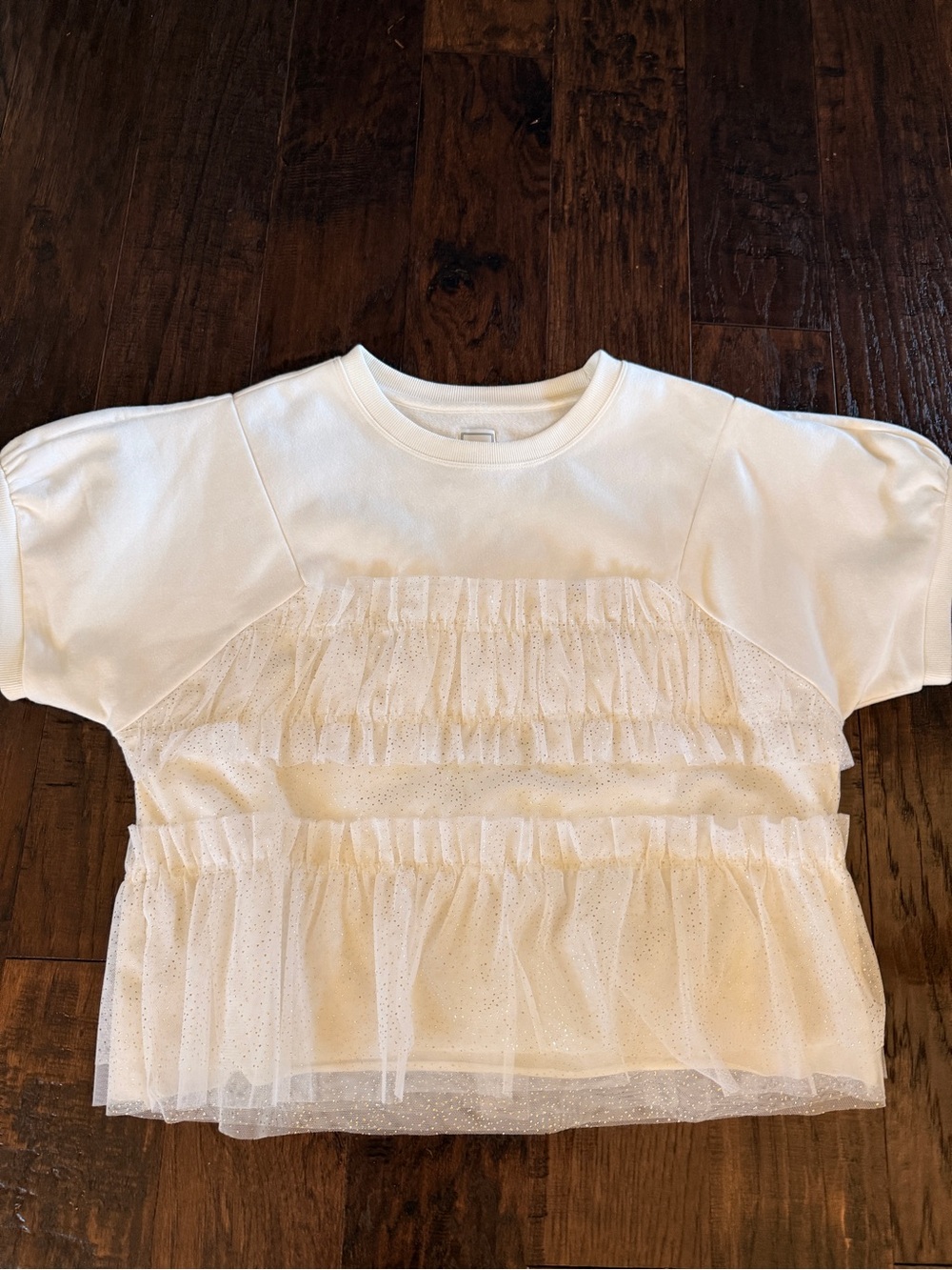 White Short Sleeve Ruffle Mesh Overlay Top - Picture 7 of 8
